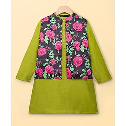Pine Kids Woven Full Sleeves Kurta Pajama Set with Floral Printed Neheru Jacket -  Green
