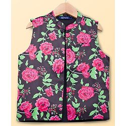 Pine Kids Woven Full Sleeves Kurta Pajama Set with Floral Printed Neheru Jacket -  Green