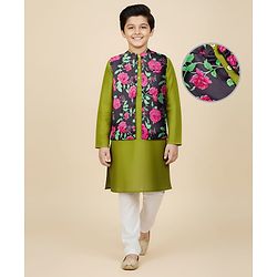 Pine Kids Woven Full Sleeves Kurta Pajama Set with Floral Printed Neheru Jacket -  Green