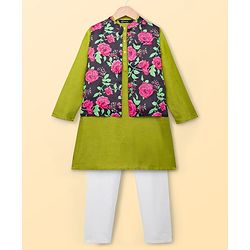 Pine Kids Woven Full Sleeves Kurta Pajama Set with Floral Printed Neheru Jacket -  Green