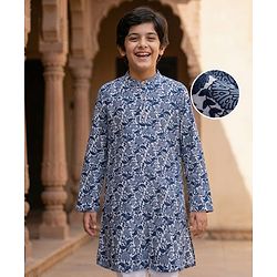 Pine Kids Cotton Woven Full Sleeves Printed Kurta - Blue