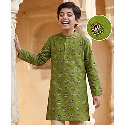 Pine Kids Cotton Woven Full Sleeves Floral Printed Kurta  - Green