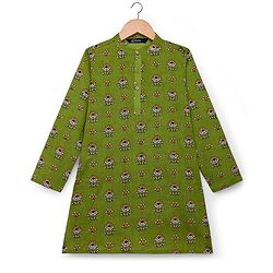 Pine Kids Cotton Woven Full Sleeves Floral Printed Kurta  - Green