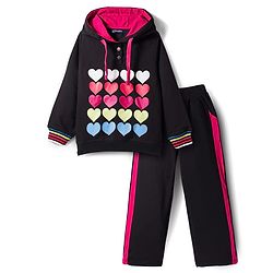 Pine Kids Looper Knit Full Sleeves Winter Wear Hooded Sweatshirt & Lounge Pant Set with Heart Print - Black & Dark Pink
