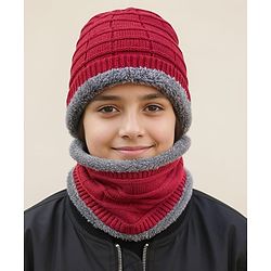 Pine Kids Knit Woollen Cap & Muffler Set Maroon - Diameter 14 cm