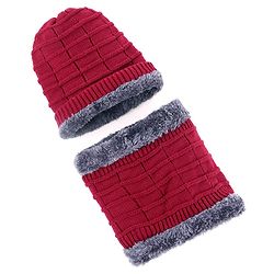 Pine Kids Knit Woollen Cap & Muffler Set Maroon - Diameter 14 cm