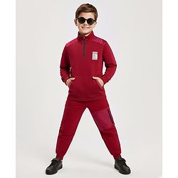 Pine Kids Looper Knit Winter Wear Solid Color T-Shirt & Joggers Set With Kangaroo Pocket - Maroon