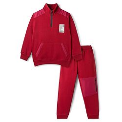 Pine Kids Looper Knit Winter Wear Solid Color T-Shirt & Joggers Set With Kangaroo Pocket - Maroon