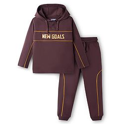Pine Kids Looper Knit Full Sleeves Winter Wear Hooded T-Shirt & Joggers Set with New Goals Text Print - Dark Brown