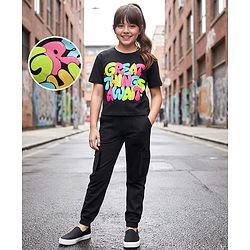 Pine Kids Single Jersey Knit Half Drop Shoulder Sleeves Top & Pant Set with Great Things Await Print - Black