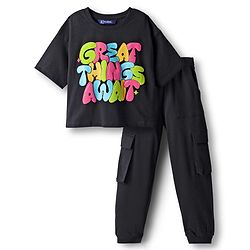 Pine Kids Single Jersey Knit Half Drop Shoulder Sleeves Top & Pant Set with Great Things Await Print - Black