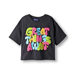 Pine Kids Single Jersey Knit Half Drop Shoulder Sleeves Top & Pant Set with Great Things Await Print - Black