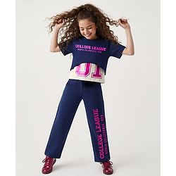 Pine Kids Single Jersey Knit Half Sleeves Twofer Style Top and Palazzo Set with College League Print - Navy Blue & Grey