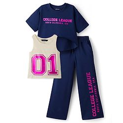 Pine Kids Single Jersey Knit Half Sleeves Twofer Style Top and Palazzo Set with College League Print - Navy Blue & Grey