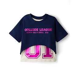 Pine Kids Single Jersey Knit Half Sleeves Twofer Style Top and Palazzo Set with College League Print - Navy Blue & Grey