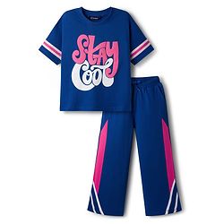Pine Kids Single Jersey Knit Half Sleeves Top and Palazzo Set With Stay Cool Text Print - Blue