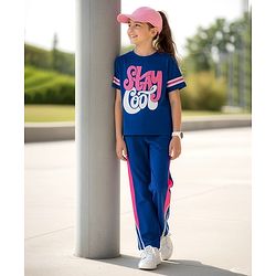 Pine Kids Single Jersey Knit Half Sleeves Top and Palazzo Set With Stay Cool Text Print - Blue
