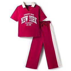 Pine Kids Single Jersey Knit Half Sleeves Top & Palazzo Set with New York Print & Tape Detailing - Dark Pink