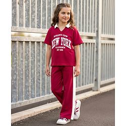 Pine Kids Single Jersey Knit Half Sleeves Top & Palazzo Set with New York Print & Tape Detailing - Dark Pink