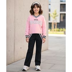 Pine Kids Single Jersey Knit Full Sleeves Top & Palazzo Set with Stockholm Text Print - Pink & Black
