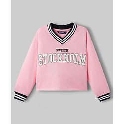 Pine Kids Single Jersey Knit Full Sleeves Top & Palazzo Set with Stockholm Text Print - Pink & Black