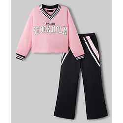 Pine Kids Single Jersey Knit Full Sleeves Top & Palazzo Set with Stockholm Text Print - Pink & Black