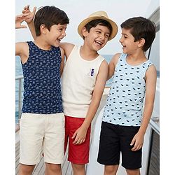 Pine Kids Cotton Knit Sleeveless Vests With Stripes & Sea Life Print Pack Of 3 (Colour May Vary)