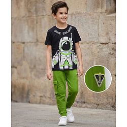 Pine Kids Single Jersey Knit Half Sleeves T-Shirt & Lounge Pant With Space Theme Print - Black & Green