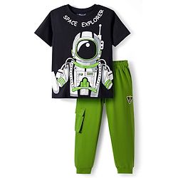 Pine Kids Single Jersey Knit Half Sleeves T-Shirt & Lounge Pant With Space Theme Print - Black & Green