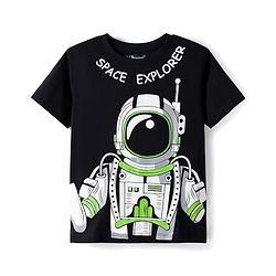 Pine Kids Single Jersey Knit Half Sleeves T-Shirt & Lounge Pant With Space Theme Print - Black & Green