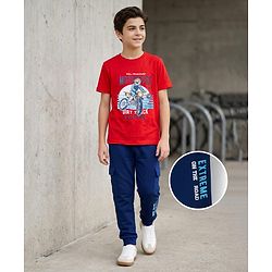 Pine Kids Single Jersey Knit Half Sleeves T-Shirt & Lounge Pant With Text Print - Red & Navy Blue