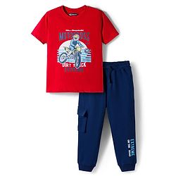 Pine Kids Single Jersey Knit Half Sleeves T-Shirt & Lounge Pant With Text Print - Red & Navy Blue