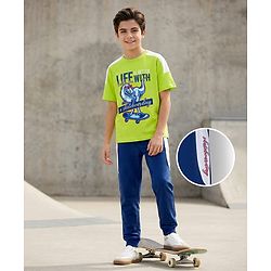 Pine Kids Single Jersey Knit Half Sleeves T-Shirt & Lounge Pant Set With Text Print - Lime Green & Navy Blue