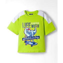 Pine Kids Single Jersey Knit Half Sleeves T-Shirt & Lounge Pant Set With Text Print - Lime Green & Navy Blue