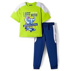 Pine Kids Single Jersey Knit Half Sleeves T-Shirt & Lounge Pant Set With Text Print - Lime Green & Navy Blue