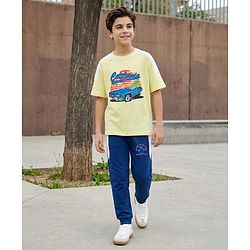 Pine Kids Single Jersey Knit Half Sleeves T-Shirt & Lounge Pant Set With Text Print - Yellow