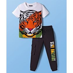 Pine Kids Single Jersey Knit Half Sleeves T-Shirt & Lounge Pant Set with Tiger Print - White & Black