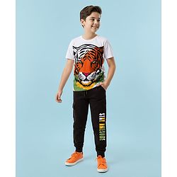 Pine Kids Single Jersey Knit Half Sleeves T-Shirt & Lounge Pant Set with Tiger Print - White & Black