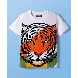 Pine Kids Single Jersey Knit Half Sleeves T-Shirt & Lounge Pant Set with Tiger Print - White & Black
