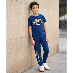 Pine Kids Single Jersey Knit Half Sleeves T-Shirt and Joggers Set with Happiness Text Print - Navy Blue
