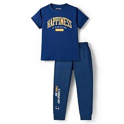 Pine Kids Single Jersey Knit Half Sleeves T-Shirt and Joggers Set with Happiness Text Print - Navy Blue