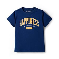 Pine Kids Single Jersey Knit Half Sleeves T-Shirt and Joggers Set with Happiness Text Print - Navy Blue