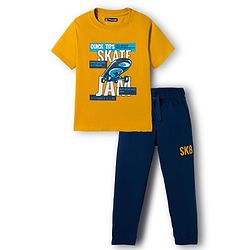 Pine Kids Single Jersey Knit Half Sleeves T-Shirt and Joggers Set with Skate Jam Text Print - Yellow & Navy Blue