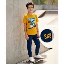 Pine Kids Single Jersey Knit Half Sleeves T-Shirt and Joggers Set with Skate Jam Text Print - Yellow & Navy Blue