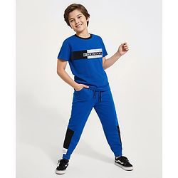 Pine Kids Single Jersey Knit Half Sleeves Cut & Sew T-Shirt & Lounge Pant Set with Text Print - Royal Blue