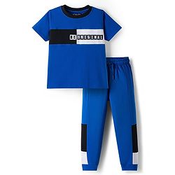Pine Kids Single Jersey Knit Half Sleeves Cut & Sew T-Shirt & Lounge Pant Set with Text Print - Royal Blue