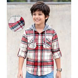 Pine Kids Cotton Woven Full Sleeves Brushed Hooded Shirt With Checks - Red