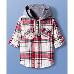 Pine Kids Cotton Woven Full Sleeves Brushed Hooded Shirt With Checks - Red