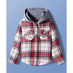 Pine Kids Cotton Woven Full Sleeves Brushed Hooded Shirt With Checks - Red