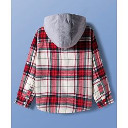 Pine Kids Cotton Woven Full Sleeves Brushed Hooded Shirt With Checks - Red